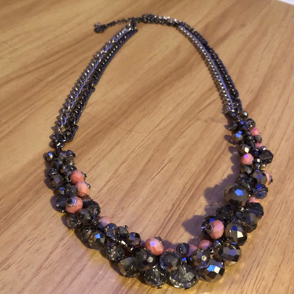 SIMPLY VERA WANG Gray‎ & Pink Beaded Statement Necklace, Two Tone Double Chain